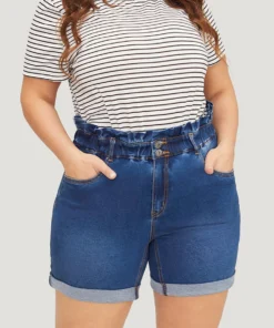 Very Stretchy High Rise Medium Wash Paperbag Waist Denim Shorts