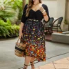 Floral Print Patchwork Drawstring Square Neck Dress