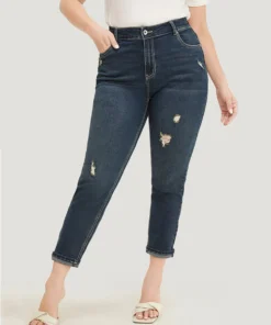 Very Stretchy High Rise Dark Wash Distressed Stitch Jeans