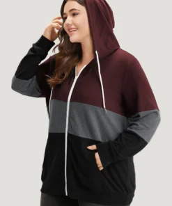 Colorblock Contrast Drawstring Zipper Hooded Sweatshirt -Clothing Shop 312902250 rs