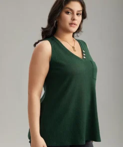 Waffle Knit V Neck Button Detail Cami Top -Clothing Shop 31315348 lo