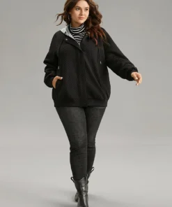 Contrast Hooded Drawstring Pocket Zipper Fly Coat -Clothing Shop 31318972 ce