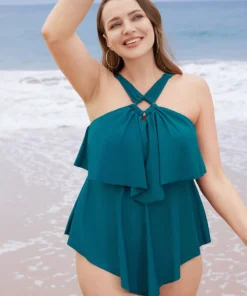 Halter Neck Buckle Ruffle Tiered One Piece Swimsuit -Clothing Shop 313332737 ix
