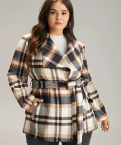 Plaid Belted Lapel Collar Pocket Coat -Clothing Shop 313516668 ba