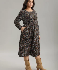 Ditsy Floral Pocket Lantern Sleeve Knee Dress -Clothing Shop 31391800 ya