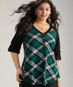 Plaid Contrast Roll Raglan Sleeve T-shirt -Clothing Shop 313951962 wb