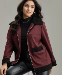 Fuzzy Trim Patched Pocket Zipper Jacket