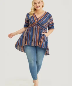 Striped Contrast Shirred Wrap High Low Hem Pocket Blouse -Clothing Shop 314511674 rq 5ad834c3 8758 4152 94fc 659ea53fb55d