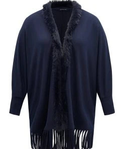 Plain Fringe Hem Fuzzy Trim Kimono -Clothing Shop 315686750 ng