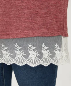 Solid Round Neck Lace Hem Long Tee -Clothing Shop 31711153 oo