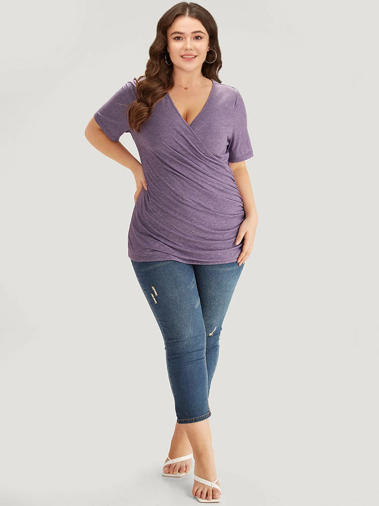 Solid Heather Overlap Collar Gathered T-shirt 6 Solid Heather Overlap Collar Gathered T-shirt - Image 4