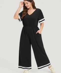 Striped Contrast V Neck Pocket Elastic Waist Jumpsuit