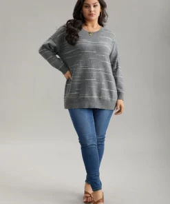 Supersoft Essentials Asymmetrical Striped Round Neck Pullover -Clothing Shop 318156241 uz