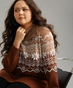 Snowflake Print Button Detail Split Side Pullover -Clothing Shop 31819162 yl