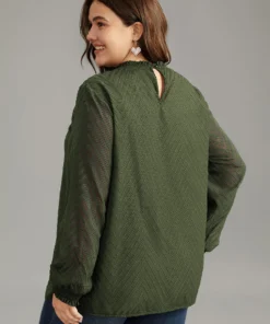 Plain Patchwork Mesh Shirred Frill Trim Blouse -Clothing Shop 320289769 ym