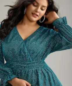 Sequin Wrap Ruffles Ruched Lantern Sleeve Blouse -Clothing Shop 320330105 an