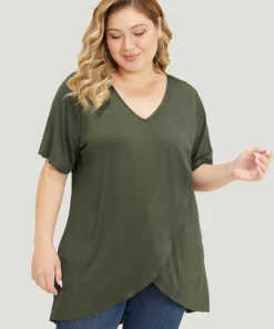 Plain V Neck Wrap High Low Hem T-shirt -Clothing Shop 321038512 yn bb6263f8 673f 40e4 8fa5 75567ee1406a