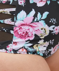 Floral Crisscross Detail Mesh Insert Swim Bottom -Clothing Shop 321194782 zb
