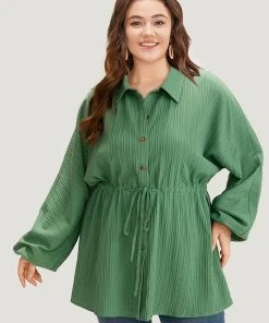 Plain Shirt Collar Drawstring Button Through Lantern Sleeve Coat -Clothing Shop 321227893 pc