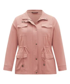 Plain Pocket Button Through Drawstring Zipper Jacket -Clothing Shop 321474568 ys