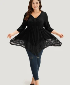 Plain Ruched Lace Patchwork Hanky Hem T-shirt -Clothing Shop 32147844 xt