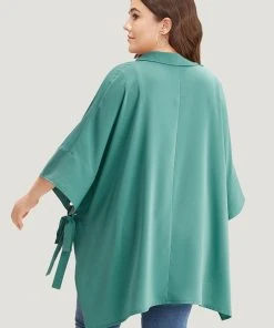 Plain Shirt Collar Asymmetrical Hem Bowknot Kimono -Clothing Shop 321704776 uc