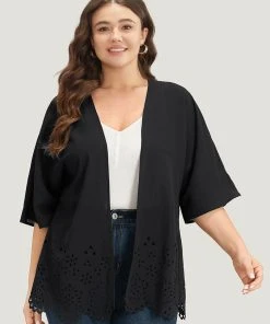 Plain Laser Cut Open Front Scalloped Trim Kimono 12 Plain Laser Cut Open Front Scalloped Trim Kimono -Clothing Shop 321709593 dj