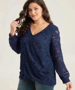 Plain Embroidered Guipure Lace Wrap Blouse -Clothing Shop 322210061 xf