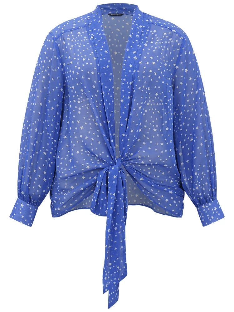 UltraCool Star Print Lapel Collar Bowknot Kimono 10 UltraCool Star Print Lapel Collar Bowknot Kimono - Image 9