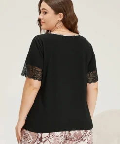 Plain Patchwork Snakeskin Guipure Lace Keyhole Sleep Top -Clothing Shop 3227615 xd