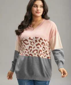 Leopard Contrast Patchwork Batwing Sleeve Pullover