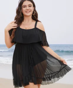 Plain Mesh Ruffle Trim Cold Shoulder Swim Dress -Clothing Shop 32320973 cj
