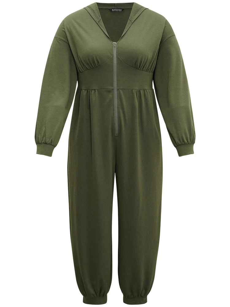 Solid Half Zip Hooded Gathered Jumpsuit 11 Solid Half Zip Hooded Gathered Jumpsuit - Image 9