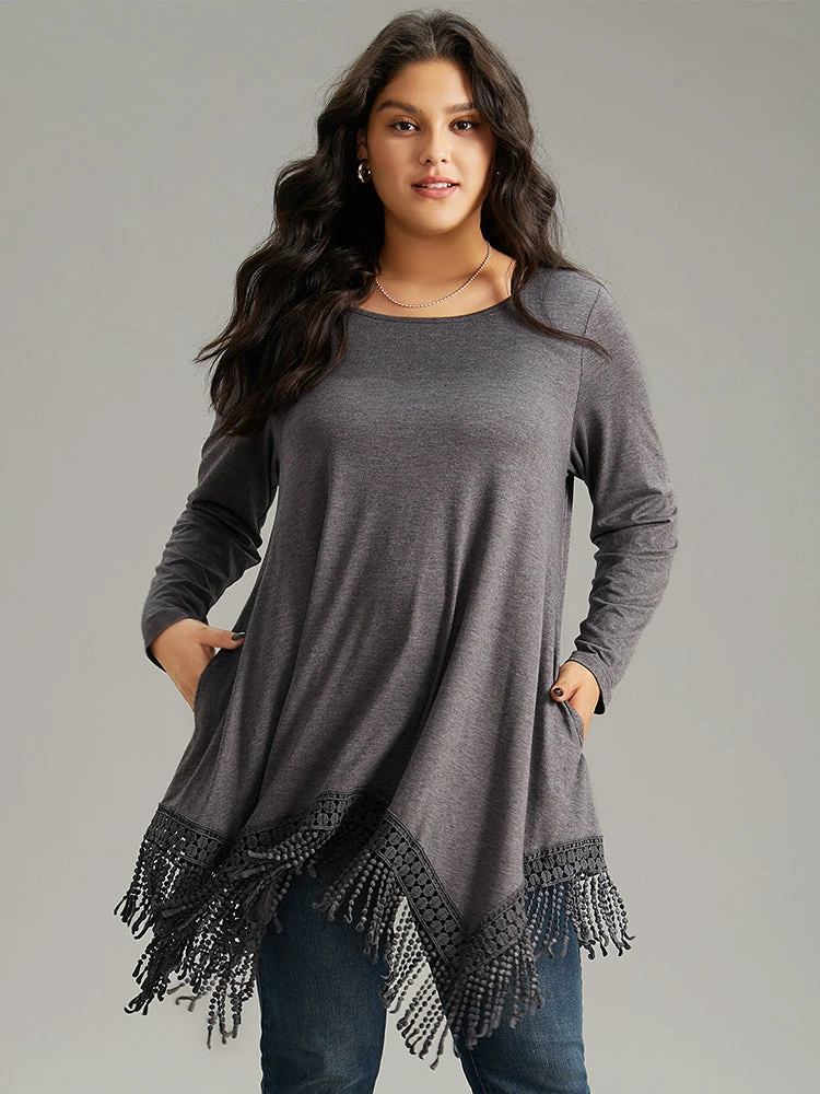 Solid Tassels Trim Pocket Asymmetrical Hem T-shirt 3 Solid Tassels Trim Pocket Asymmetrical Hem T-shirt