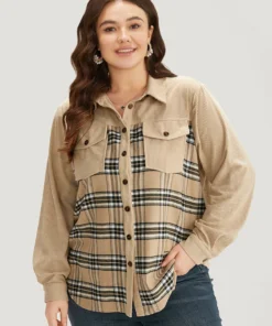 Plaid Pocket Button Through Patchwork Shirt Collar Jacket -Clothing Shop 324097824 hg