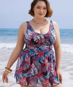 Plant Print Contrast Ruffle Hem A Line Ruched Swim Dress -Clothing Shop 324401722 jv