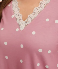 Polka Dot V Neck Lace Trim Sleep Top -Clothing Shop 324730922 qt