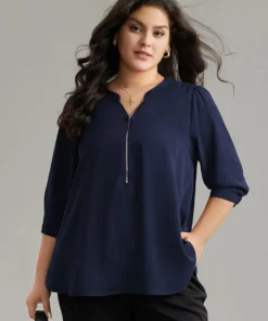 Anti-Wrinkle Plain Half Zip Gathered Blouse -Clothing Shop 325030323 gq