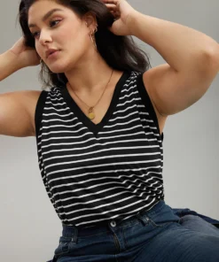 V Neck Striped Contrast Trim Tank Top -Clothing Shop 326086466 ef
