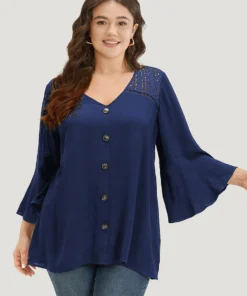 Plain Crochet Lace Button Detail Bell Sleeve Blouse -Clothing Shop 326806774 ui 42e11196 1243 4dda 93b5 3ee045600b1f