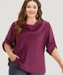 Solid Cowl Neck Tab Sleeve Blouse -Clothing Shop 327248276 if