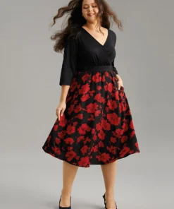 Silhouette Floral Print Patchwork Surplice Neck Dress -Clothing Shop 327451075 jv