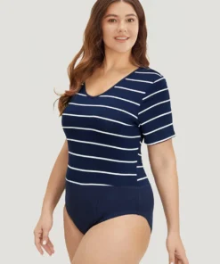 Striped Contrast Patchwork Crew Neck Bodysuit -Clothing Shop 328206600 cp 64cb5319 9f6e 446a 9b8c bcb7e0aaf364