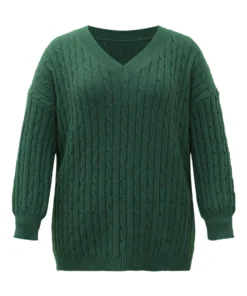 Lurex Cable Knit Plain V Neck Pullover -Clothing Shop 329340831 jj