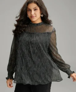 Stand Collar Mesh Patchwork Frill Trim Blouse 11 Stand Collar Mesh Patchwork Frill Trim Blouse -Clothing Shop 329443178 vq