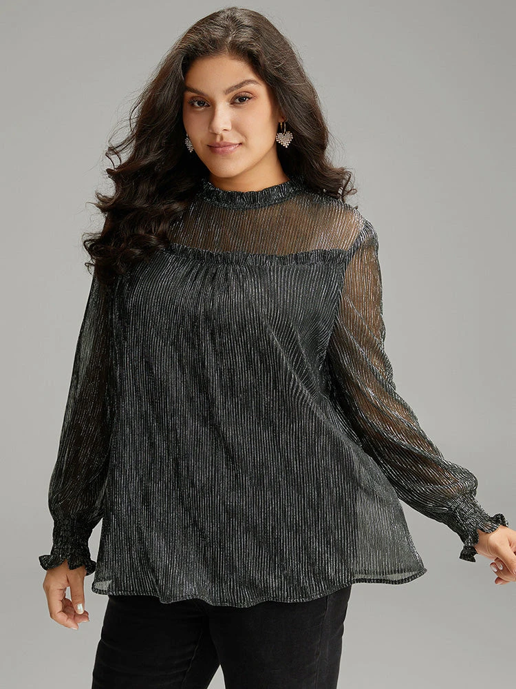 Stand Collar Mesh Patchwork Frill Trim Blouse 5 Stand Collar Mesh Patchwork Frill Trim Blouse - Image 3
