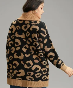 Leopard Contrast Jacquard Turtleneck Pullover -Clothing Shop 330655616 gd