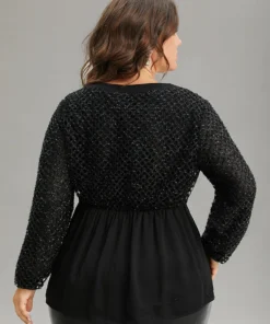 Glitter Mesh Patchwork Lantern Sleeve Blouse -Clothing Shop 33079057 jk
