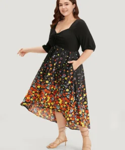 Floral Print Patchwork Drawstring Square Neck Dress 17 Floral Print Patchwork Drawstring Square Neck Dress -Clothing Shop 330795208 ge