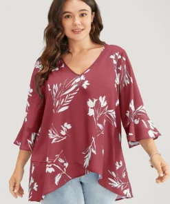 Floral Asymmetrical Hem Ruffle Trim Flounce Sleeve Blouse -Clothing Shop 331233000 no 8f636c9d 9752 4d33 8a1f 415d487b4bff